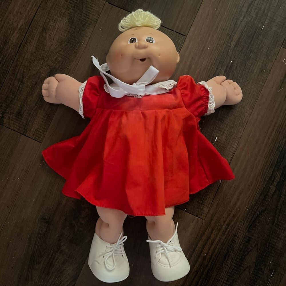 1984 Vintage Cabbage Patch Kid Preemie Doll W/ Red Dress Blonde Hair Brown eyes